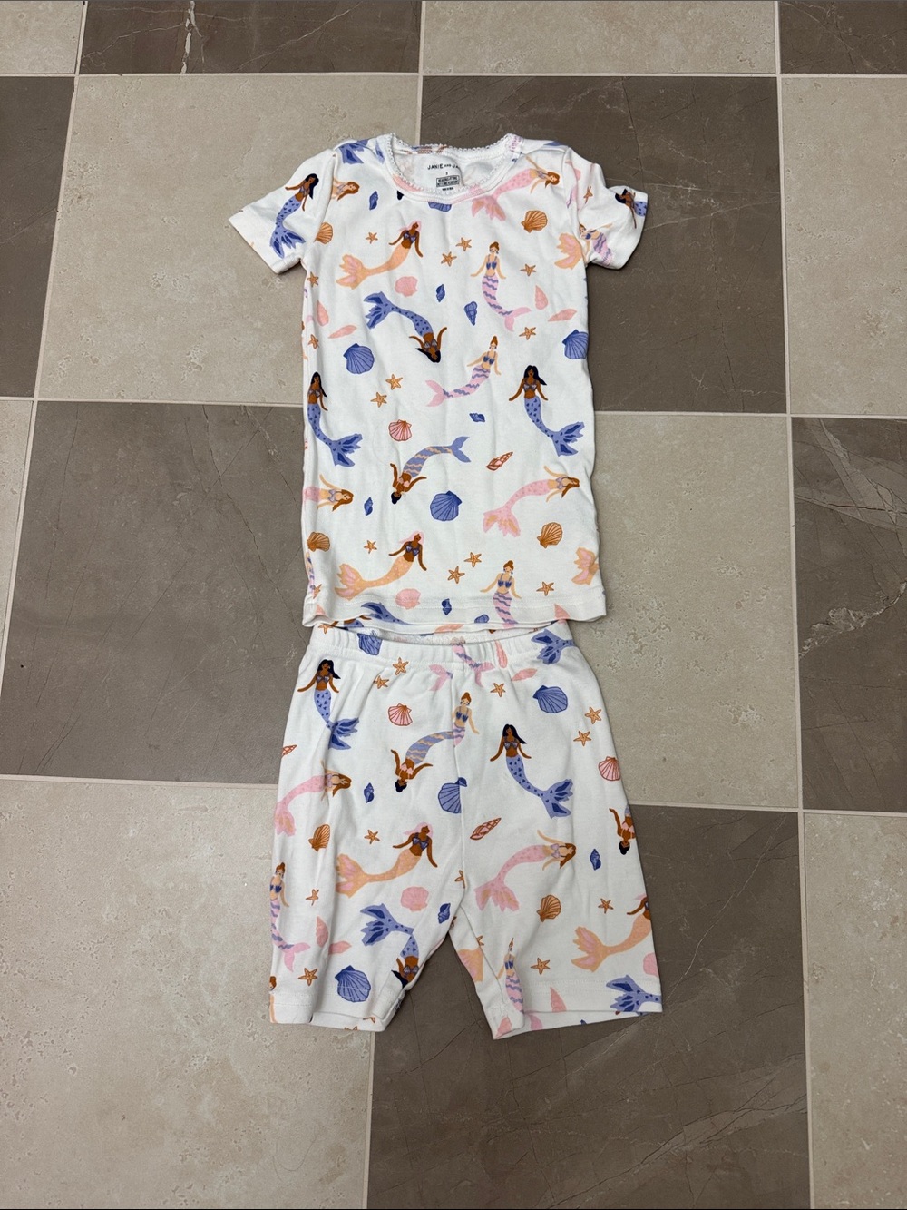 Janie and Jack White Short-Sleeve Mermaid Pajama Set with Pink & Blue Accents